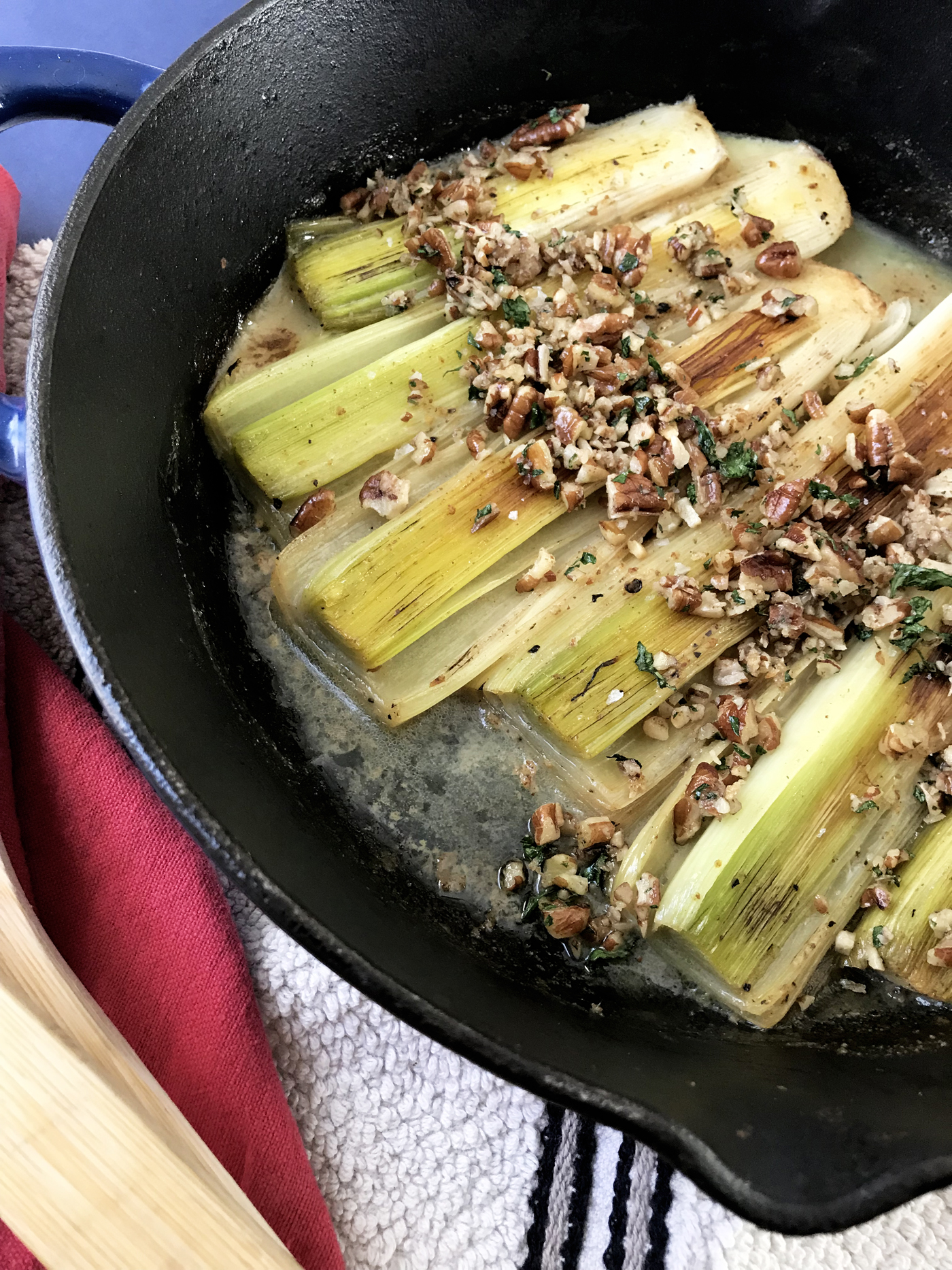 Braised Leeks With Savory Pecan Crumble Topping Essential Omnivore